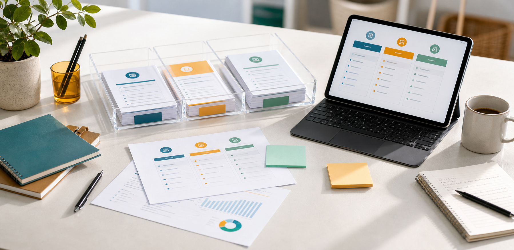 Organized desk with offer comparison materials and a tablet